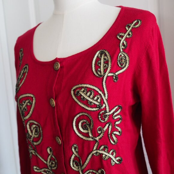 Vintage Grannycore Y2K Christmas Red Gold Detail Sweater Once Again Sz Medium - Picture 6 of 14